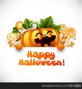 Halloween pumpkin smiling and candy .Vector illustration