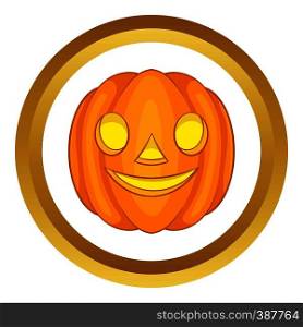 Halloween pumpkin vector icon in golden circle, cartoon style isolated on white background. Halloween pumpkin vector icon