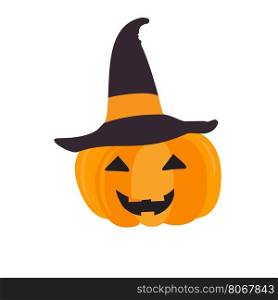 Halloween pumpkin with black witch hat. Abstract vector symbol of halloween isolated on white. Halloween pumpkin with black witch hat. Abstract vector symbol of halloween isolated on white.