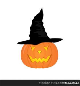 Halloween pumpkin with black witches hat. Vector illustration.