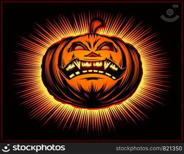 Halloween Pumpkin with open smiling mouth. A cartoon symbol of Halloween holiday. Vector illustration in a retro style. Color version