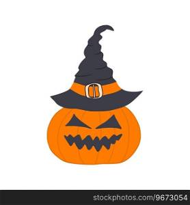 Halloween pumpkin with witch hat. Scary Halloween pumpkin with smile and happy face. Orange pumpkin silhouette isolated on white background. Cartoon colorful colorful illustration. Vector. Symbol of fall. Flat design.