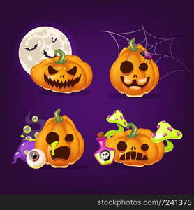 Spooky Halloween pumpkins cartoon vector illustrations set. Creepy ...