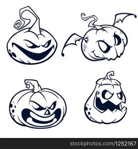 Halloween Pumpkins curved with jack o lantern face. Vector cartoon illustration. Strokes and outlines