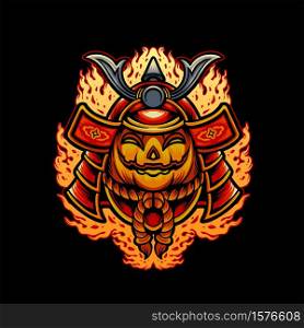 Halloween Pumpkins Japanese Mask Samurai armor illustrations for merchandise clothing line sticker and poster