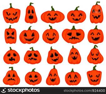 Halloween pumpkins. Orange pumpkin jack lantern characters. Spooky and angry carved faces for autumn holiday greeting card vector surprised food drawing collection cute smile silhouette set. Halloween pumpkins. Orange pumpkin with jack lantern characters. Spooky and angry carved faces for autumn holiday greeting card vector set