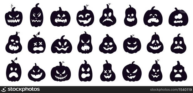 Halloween pumpkins silhouette. Scary spooky carving pumpkins, creepy smiling faces, autumn holiday horror decoration vector illustration set. Celebration smile autumn halloween. Halloween pumpkins silhouette. Scary spooky carving pumpkins, creepy smiling faces, autumn holiday horror decoration vector illustration set