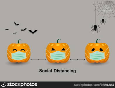 Halloween pumpkins Wearing a medical mask. Social distancing To protect against Covid-19. with spiders use web spider hangs from above-.and bats flying. vector illustration On gray background.