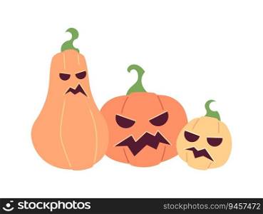 Halloween pumpkins with carved spooky faces semi flat colour vector object. Jack-o-lanterns holiday. Editable cartoon clip art icon on white background. Simple spot illustration for web graphic design. Halloween pumpkins with carved spooky faces semi flat colour vector object