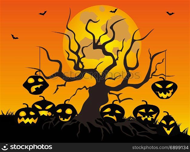 Halloween pumpkins with dead tree and full moon background