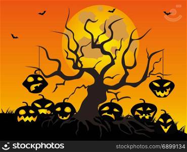 Halloween pumpkins with dead tree and full moon background