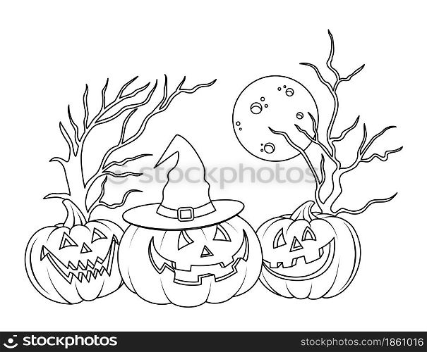 Halloween pumpkins with hat outline. Happy Halloween concept. Illustration design for greeting card, poster banner or print.