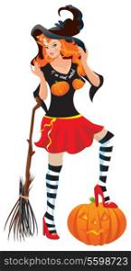 Halloween red haired witch dressing cool T-shirt with pumpkin and broom