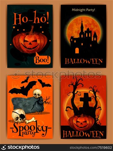 Halloween retro posters. Vector design of invitation placards to October Halloween party with orange pumpkin lantern, haunted castle on full moon background, skeleton skull with crow on cemetery. Halloween retro posters