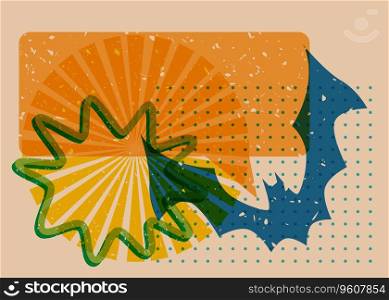 Halloween risograph poster with bat, speech bubble and geometric shapes. Holiday trendy riso graph design. Geometry elements abstract print texture style.