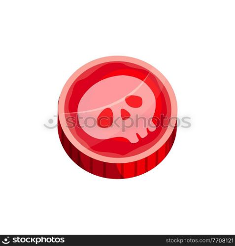 Halloween round caramel candy with skull isolated trick or treat dessert. Vector hard fruit bonbons with skeleton head, sugar food. Red sucker, unwrapped lollipop scary holiday confection. Candy with skull caramel Halloween treat isolated