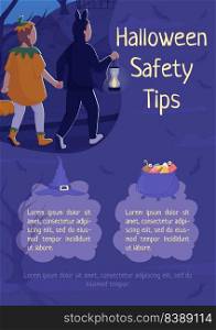 Halloween safety tips flat vector banner template. Children security during trick-or-treating poster, leaflet printable color designs. Editable flyer page with text space. Neucha font used. Halloween safety tips flat vector banner template