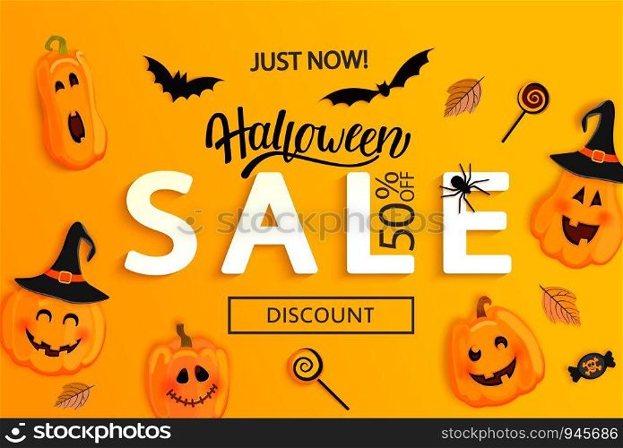 Halloween Sale banner. Just now big Discounts, poster with holiday symbols pumpkins characters, bat, candy. Invitations for shopping with clearance.Template for web, print,offers, promotions.Vector.. Halloween just now Sale banner.