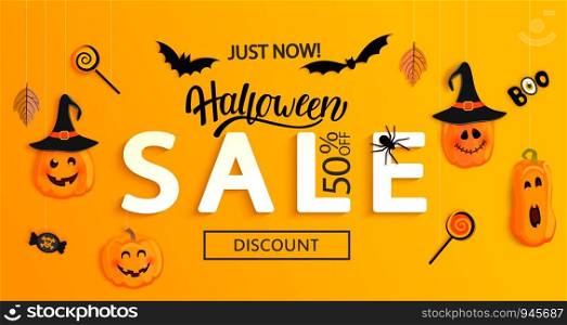 Halloween Sale banner. Just now Discount poster with holiday symbols pumpkins characters, bat and candy. Invitations for big shopping.Template for web, print,offers, promotions.Vector illustration.. Halloween Sale banner.