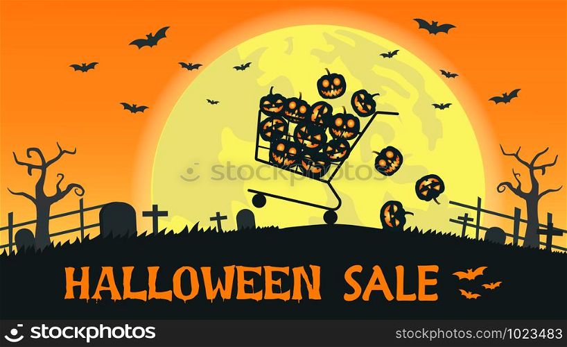 Halloween sale banner with shopping cart carry smile pumpkin on the full moon background - Vector illustration