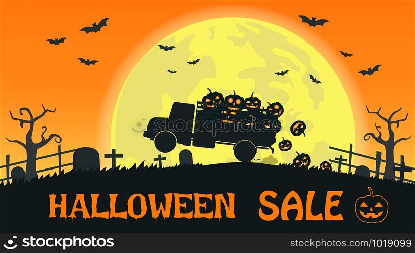 Halloween sale banner with truck carry smile pumpkin on the full moon background - Vector illustration