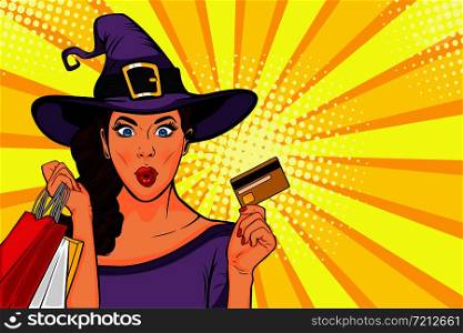 Halloween sale. Pop art young girl in witch costume and shopping bags
