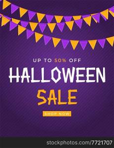 Halloween sale poster with flags and garland on purple background. Vector Illustration EPS10