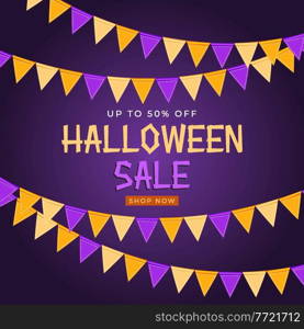 Halloween sale poster with flags and garland on purple background. Vector Illustration EPS10