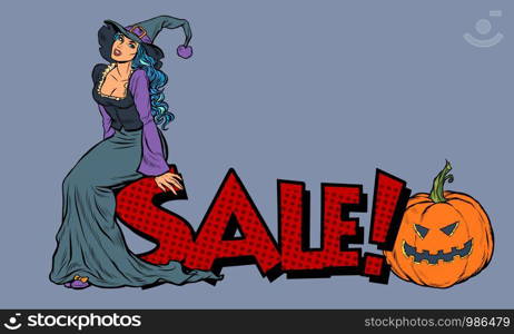 Halloween sale. Witch and pumpkin. Pop art retro vector illustration kitsch vintage drawing. Halloween sale. Witch and pumpkin