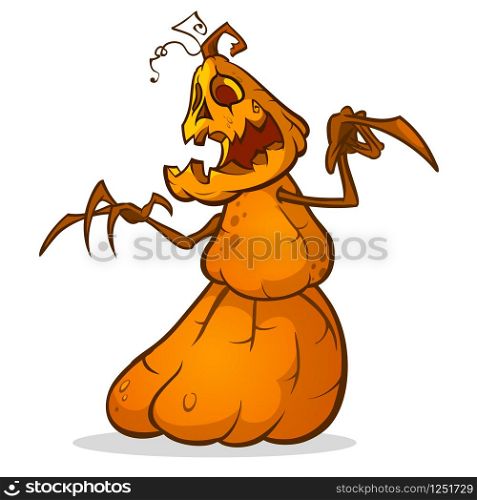 Halloween scarecrow with pumpkin head. Vector cartoon pumpkin monster with smiling expression isolated on white