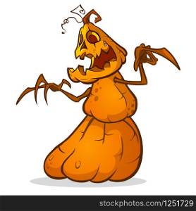 Halloween scarecrow with pumpkin head. Vector cartoon pumpkin monster with smiling expression isolated on white