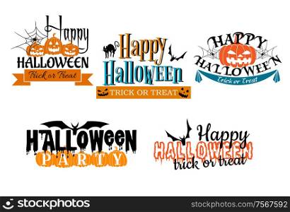 Halloween scary banners in cartoon style with pumpkin, banner, flying bat, black cat, spider and trick or treat sign