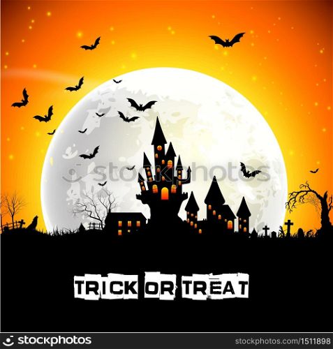 Halloween scary castle on full moon background .Vector illustration