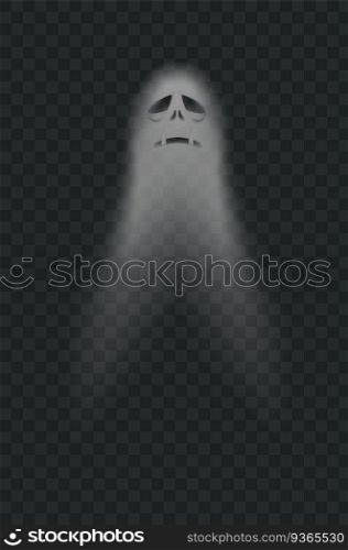 Halloween scary ghostly monster. Poltergeist or phantom silhouette isolated on transparent background. Scary spirit with sad face expression flying at night. Mysterious creature vector. Halloween scary ghostly monster. Poltergeist or phantom silhouette isolated on transparent background