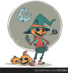 Halloween scary pumpkin head scarecrow, vector postcard for Halloween holiday