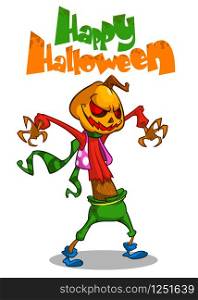 Halloween scary pumpkin head scarecrow. Vector postcard for Halloween party