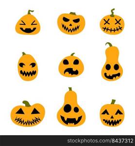 Halloween scary pumpkins set. Illustration of Jack-o-lantern facial expressions. Simple collection spooky horror images of orange pumpkins. Isolated vector stock illustration.