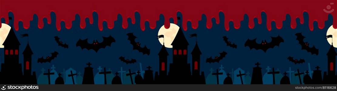 Halloween seamless border background gravestones, v&ire, castle with full moon, bloody night banner design
