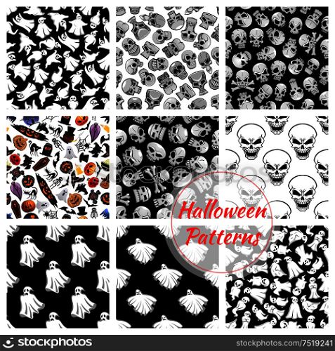 Halloween seamless decoration patterns set. Vector pattern of flying bed sheet ghosts, skulls with crossbones. Halloween celebration cartoon symbols of coffin, pumpkin with candle, witch and black cats. Halloween seamless decoration patterns set