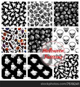 Halloween seamless decoration patterns set. Vector pattern of flying bed sheet ghosts, skulls with crossbones. Halloween celebration cartoon symbols of coffin, pumpkin with candle, witch and black cats. Halloween seamless decoration patterns set