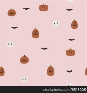 Halloween seamless paper with pumpkins, bats and skulls on pink background. Holiday design for gift boxes, wrapping paper, fabric.. Halloween seamless paper with pumpkins, bats and skulls on pink background.