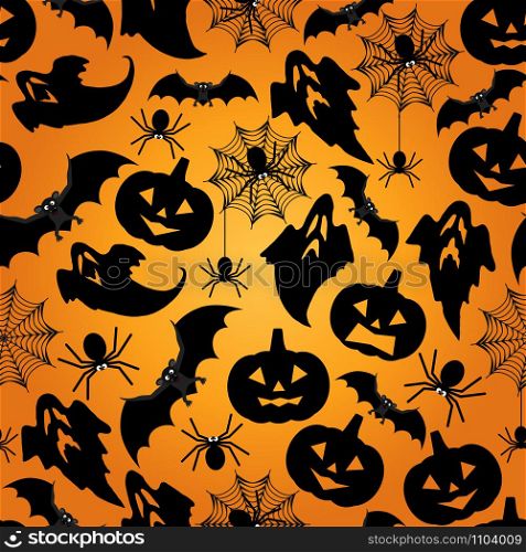 Halloween seamless pattern background with bats, pumpkins, spiders, web and ghosts. Vector illustration.. Halloween seamless pattern background