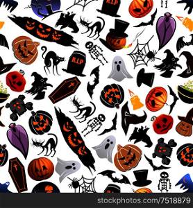 Halloween seamless pattern background with cartoon scary characters and elements. Wallpaper with spooky and horror icons. Halloween cartoon seamless pattern background