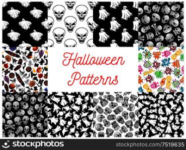Halloween seamless pattern backgrounds with cartoon scary characters and elements. Wallpaper icons of ghost, skull, bat, spider, cemetery, monster, phantom, grave, candle, skeleton, coffin, witch, tomb devil crossbones pumpkin black cat. Halloween cartoon seamless pattern backgrounds