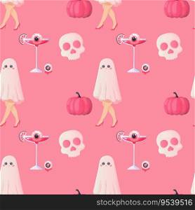 Halloween seamless pattern girly pink doll and pumpkin glamour . Vector illustration . Halloween seamless pattern girly pink doll and pumpkin glamour