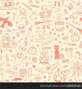 Halloween seamless pattern. Halloween background vector. Halloween Pumpkin Ghosts Cats Skulls Bats and other symbols.