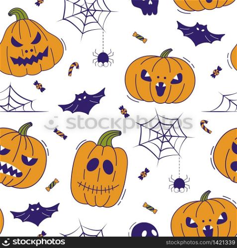 Halloween seamless pattern. Hand-drawn vector illustration with pumpkins, skull, bat, sweets and spider web. It can be used for wallpaper, wrapping, textile.