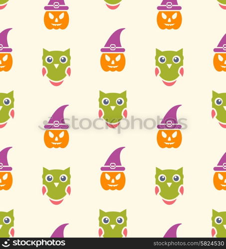 Halloween Seamless Pattern Owl and Pumpkin - vector