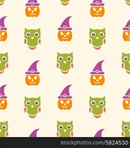 Halloween Seamless Pattern Owl and Pumpkin - vector