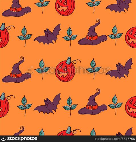 Halloween. Seamless pattern. Scary pumpkins, magic hats, bats. Vector illustration. Packaging paper design, print for fabric.